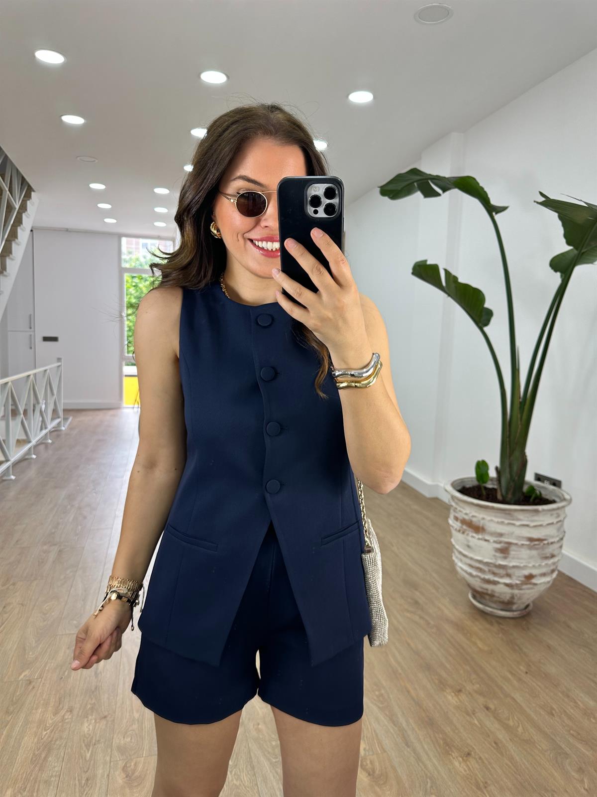 Kaplama Düğmeli Yelekli Takım-Lacivert