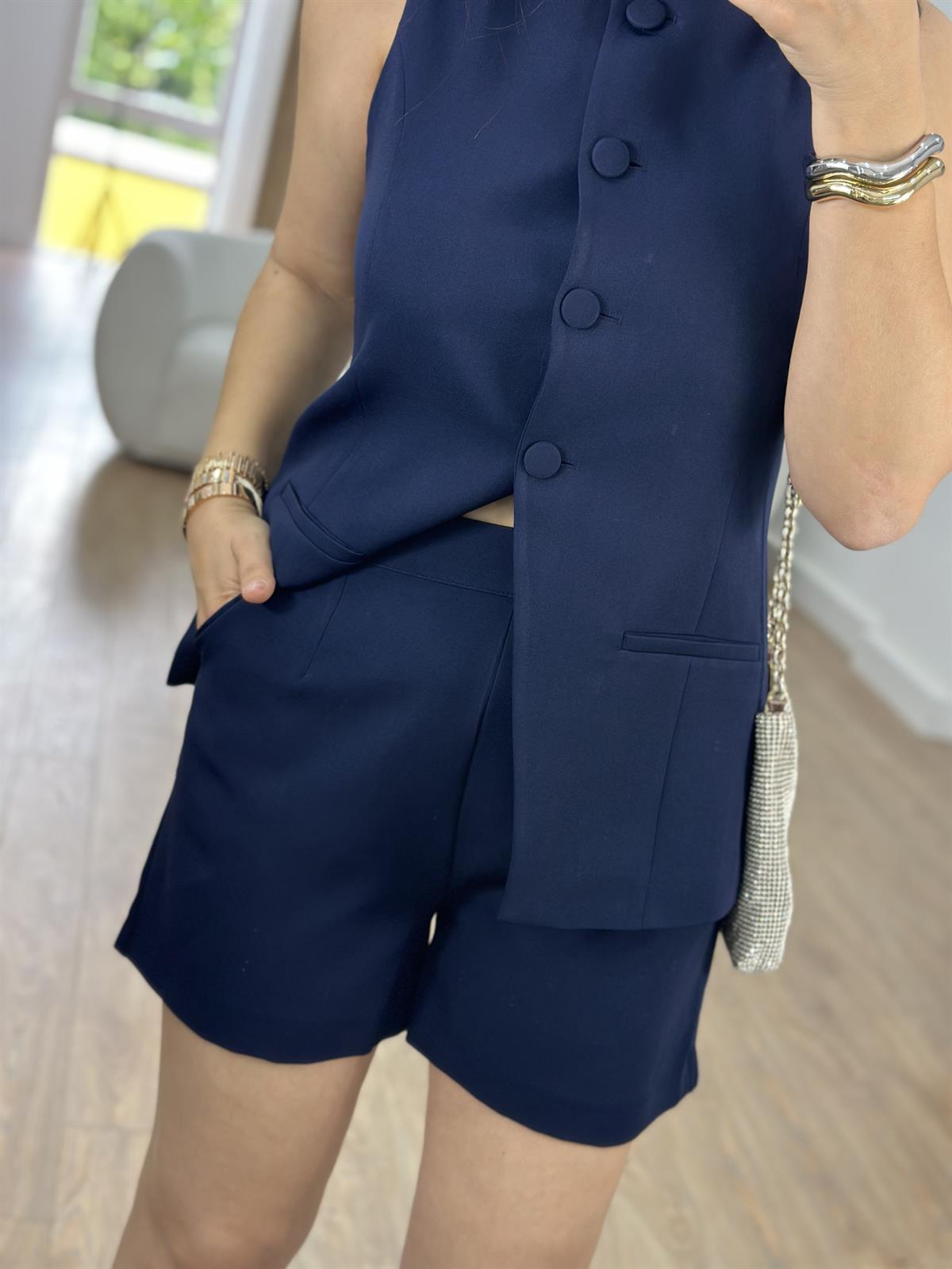 Kaplama Düğmeli Yelekli Takım-Lacivert