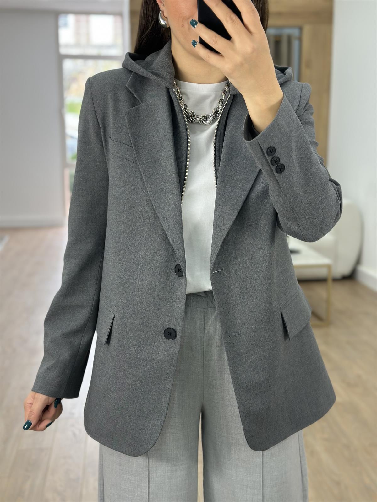 Kapüşon Detaylı Blazer Ceket-Füme