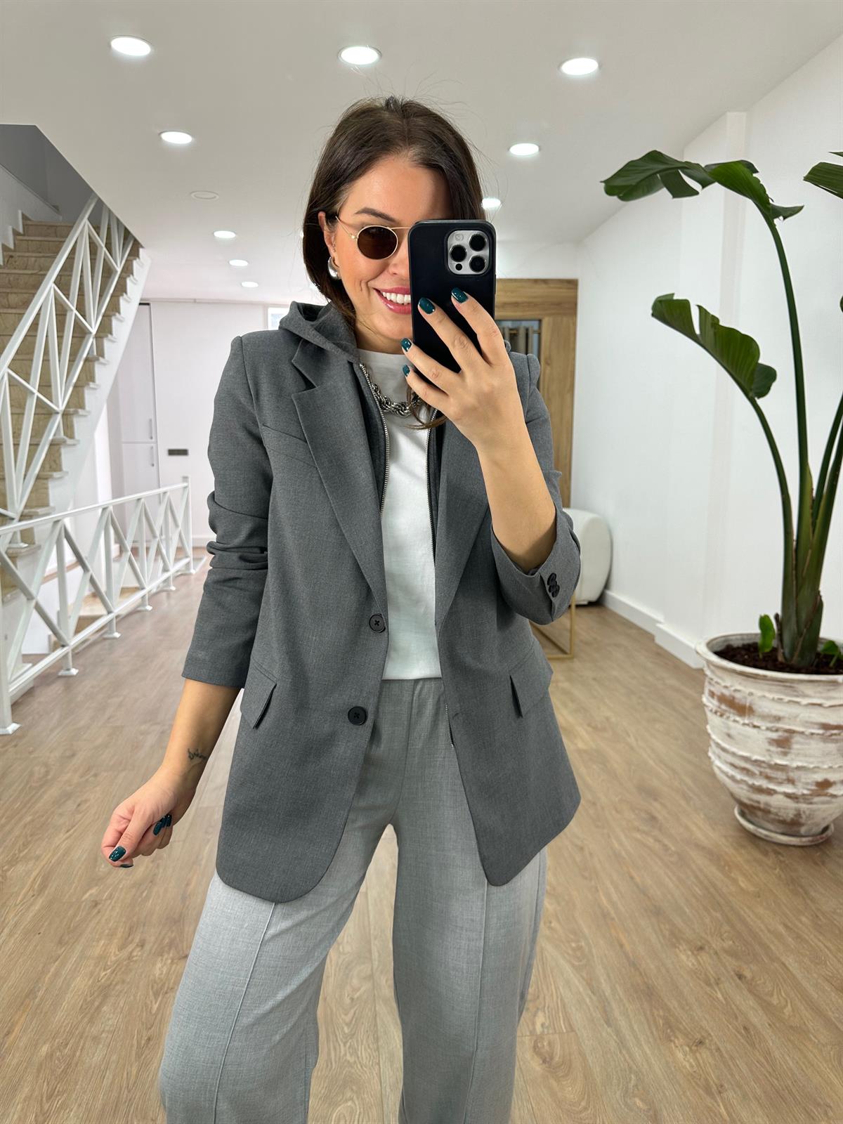 Kapüşon Detaylı Blazer Ceket-Füme
