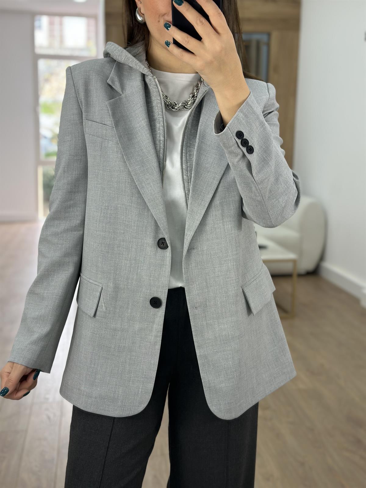 Kapüşon Detaylı Blazer Ceket-Gri