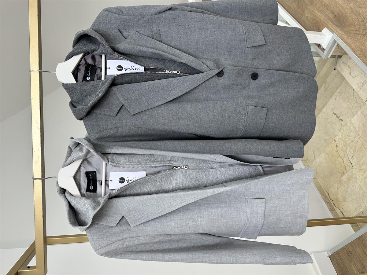Kapüşon Detaylı Blazer Ceket-Gri