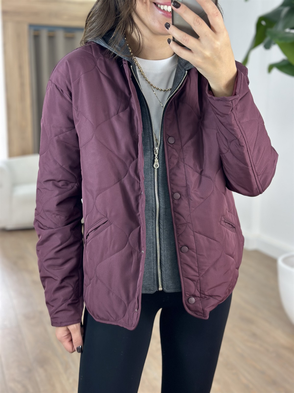 Kapüşon Detaylı Kapitone Ceket - Bordo