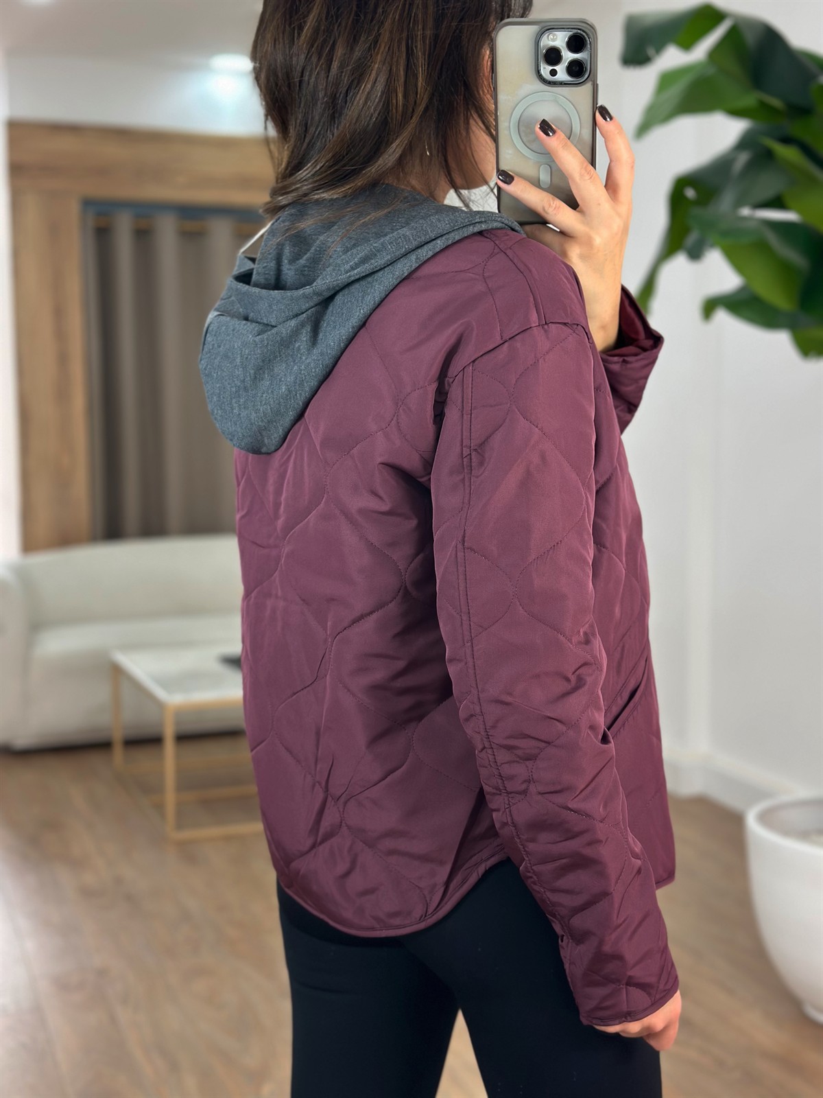 Kapüşon Detaylı Kapitone Ceket - Bordo