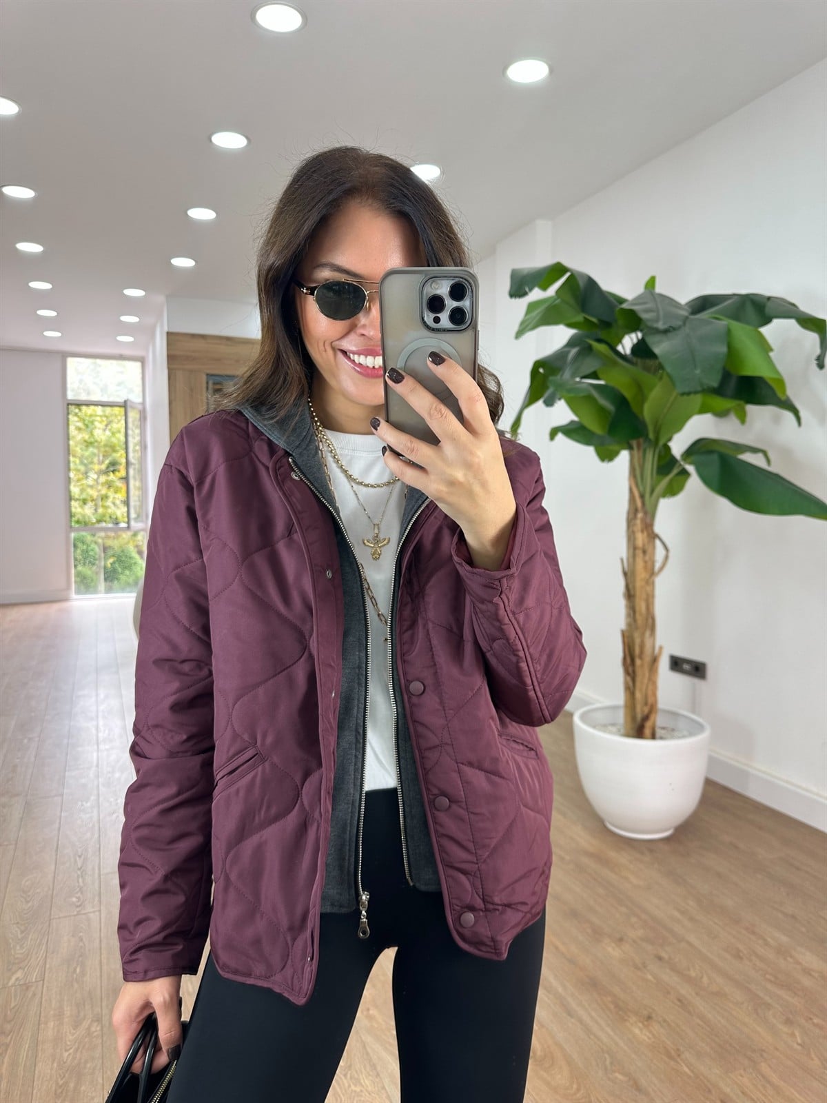 Kapüşon Detaylı Kapitone Ceket - Bordo