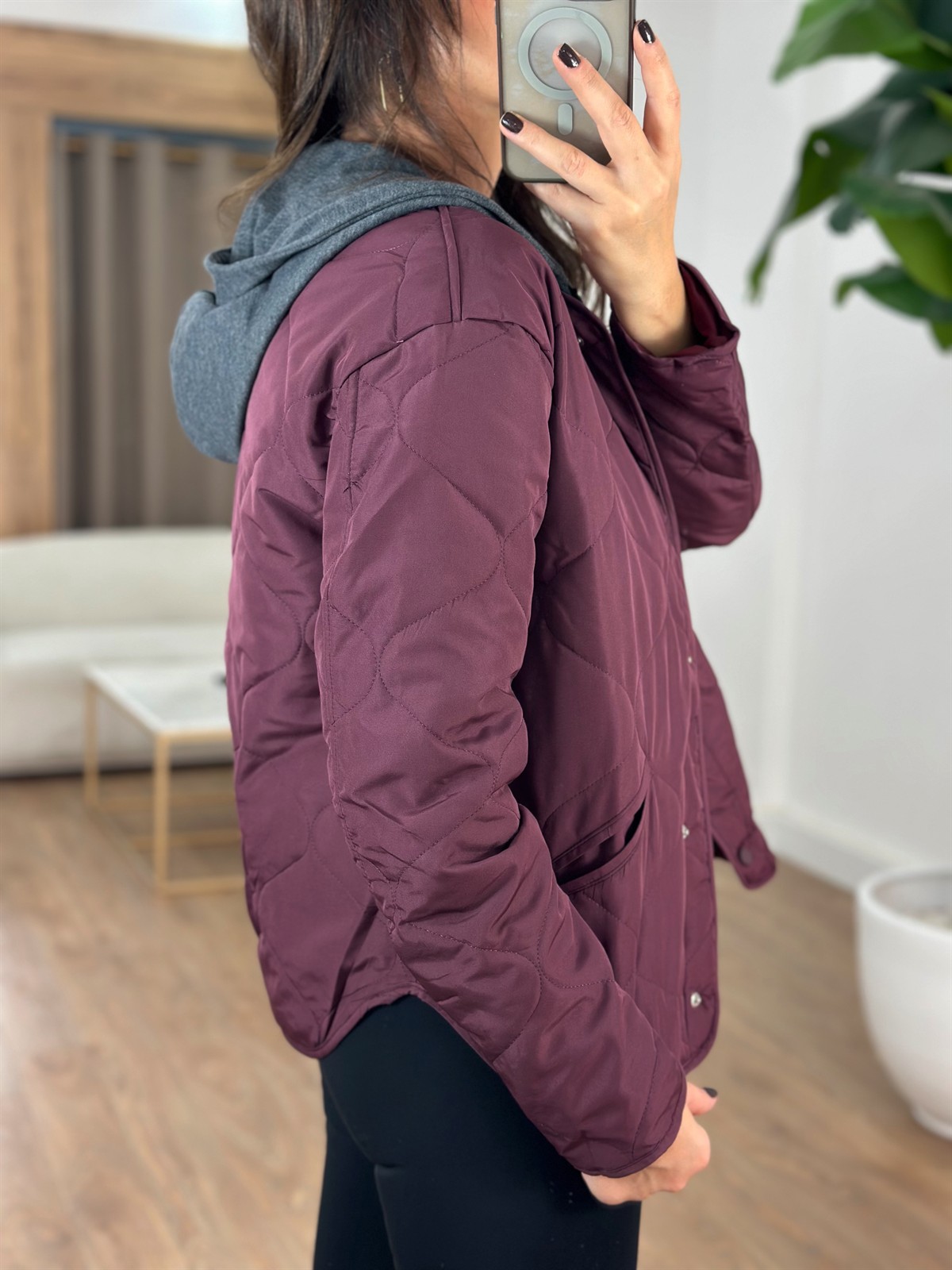 Kapüşon Detaylı Kapitone Ceket - Bordo