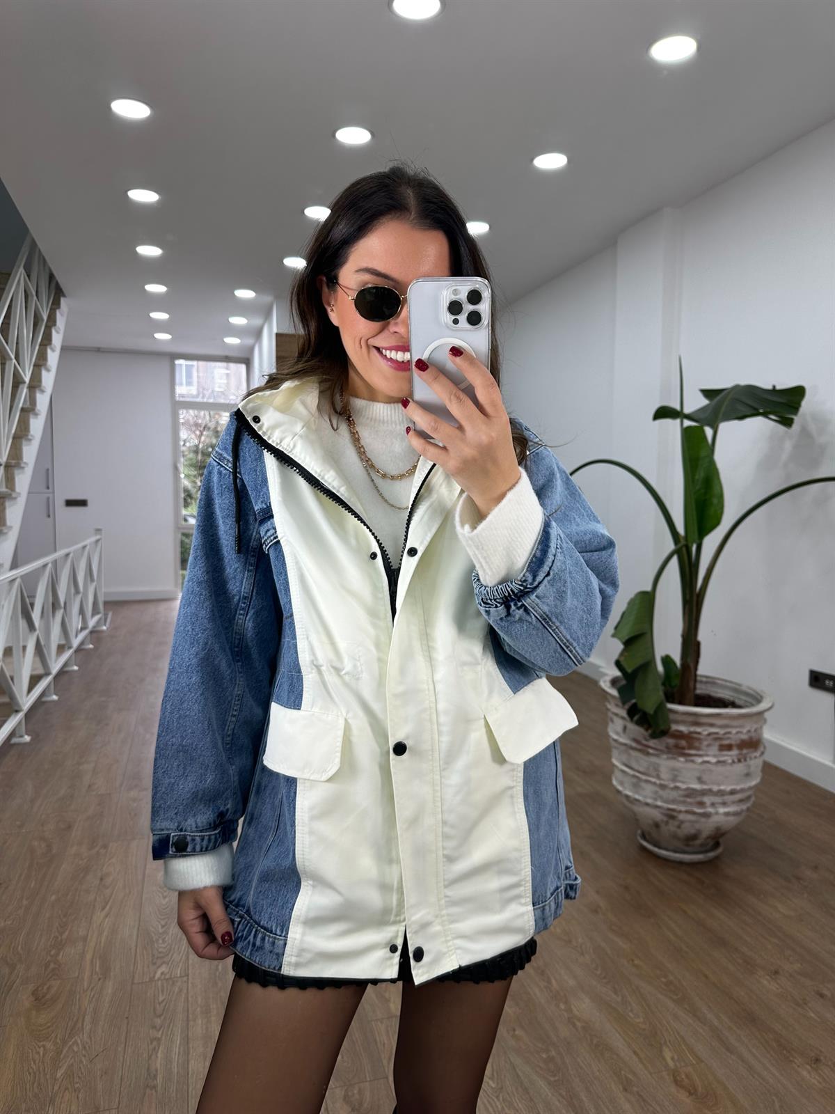 Kapüşonlu Garnili Denim Ceket 