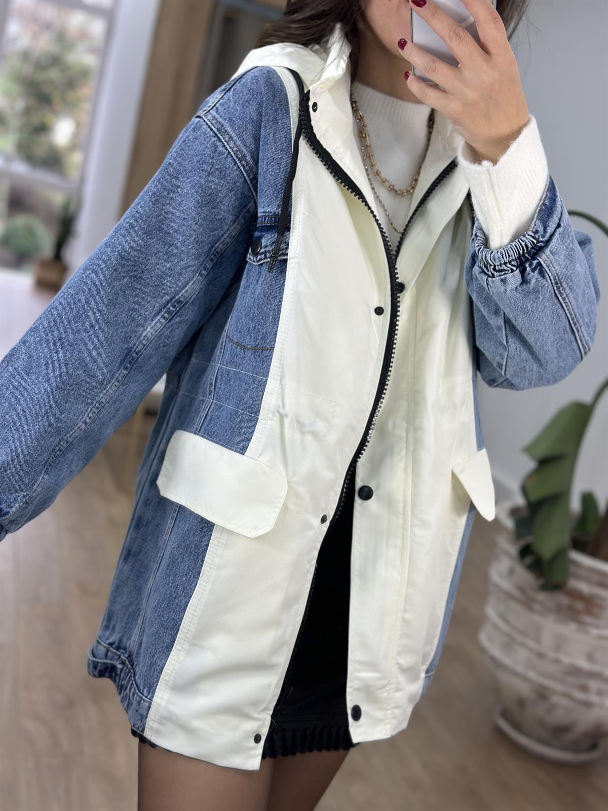 Kapüşonlu Garnili Denim Ceket 