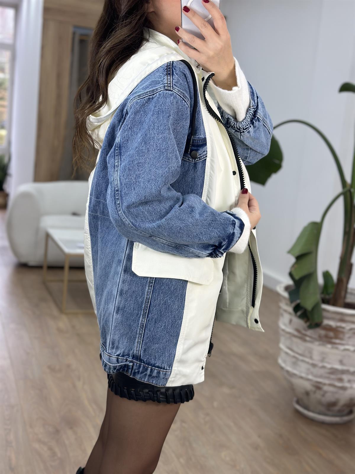 Kapüşonlu Garnili Denim Ceket 
