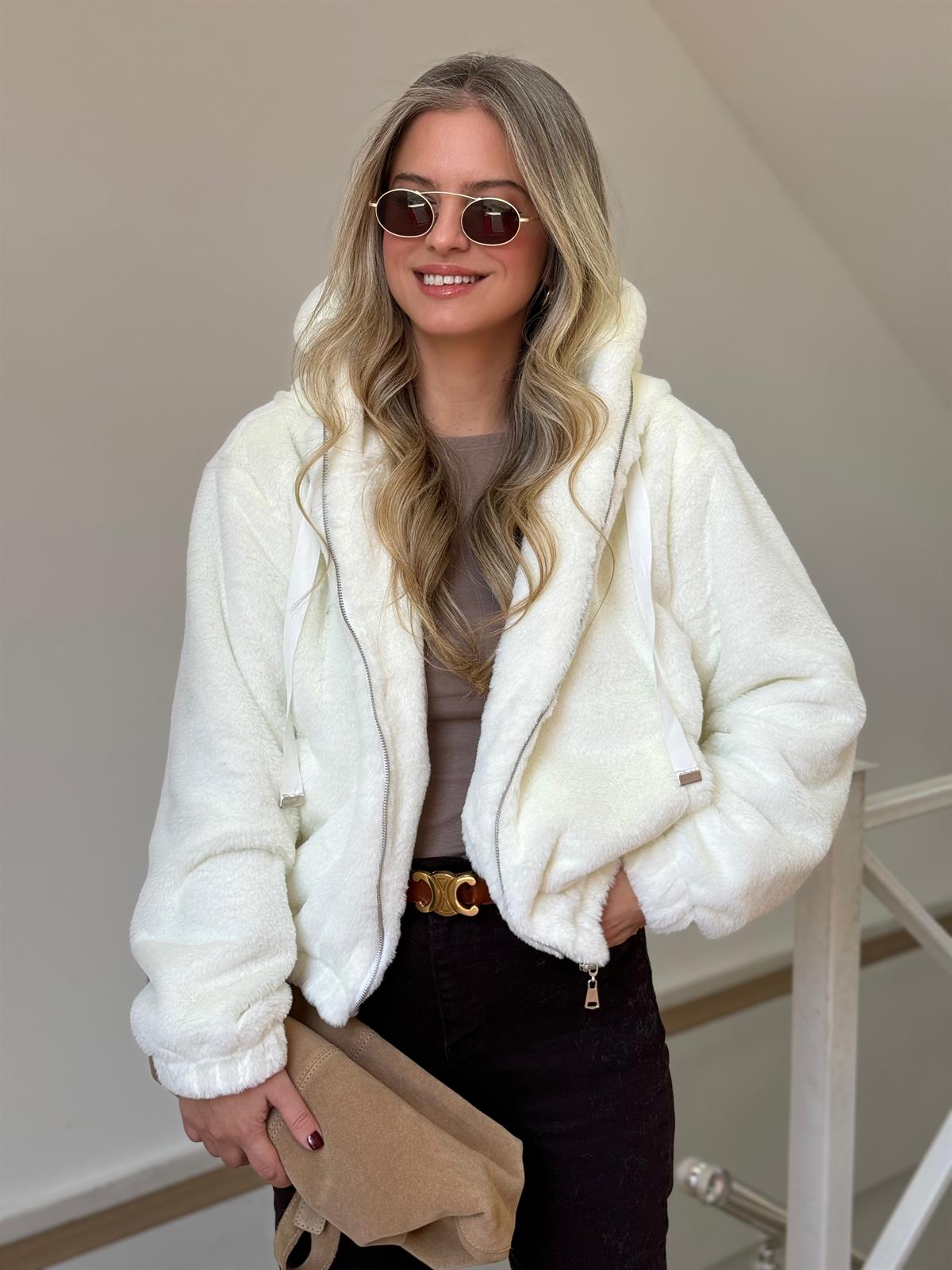 Kapüşonlu Peluş Kürk - Ekru 