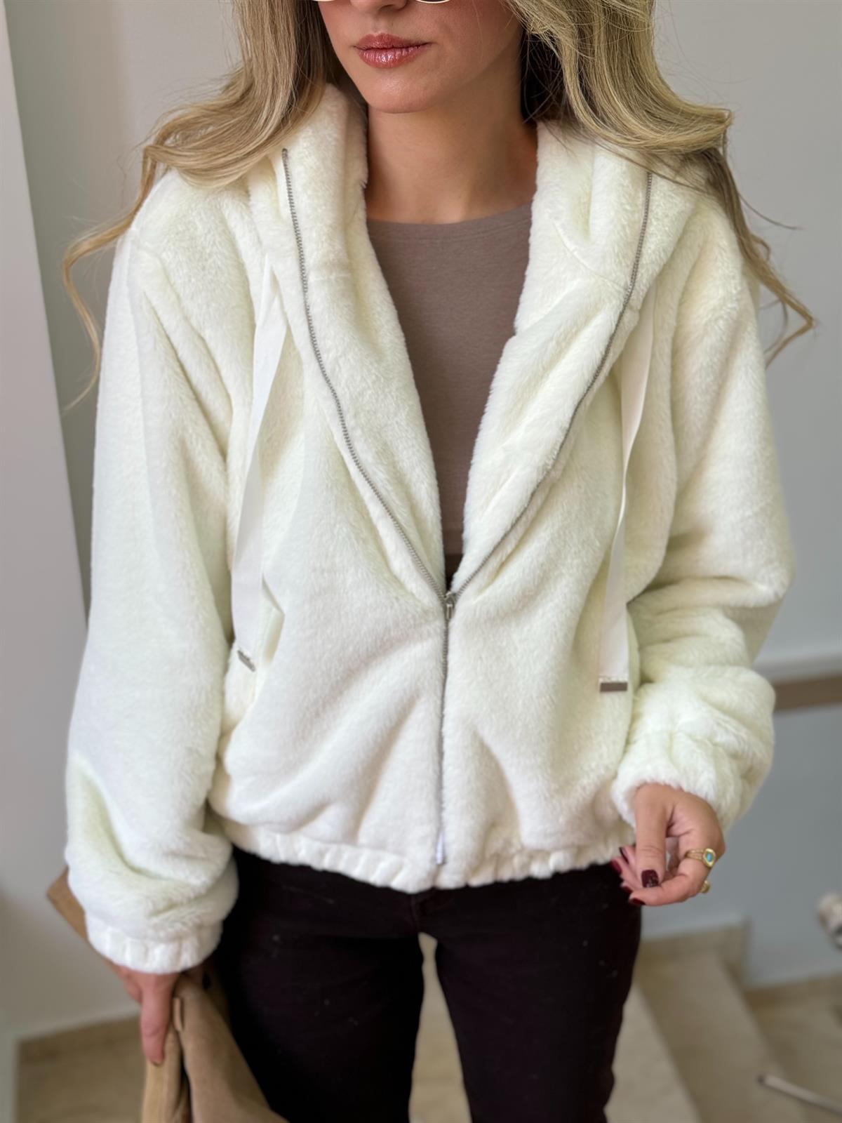 Kapüşonlu Peluş Kürk - Ekru 