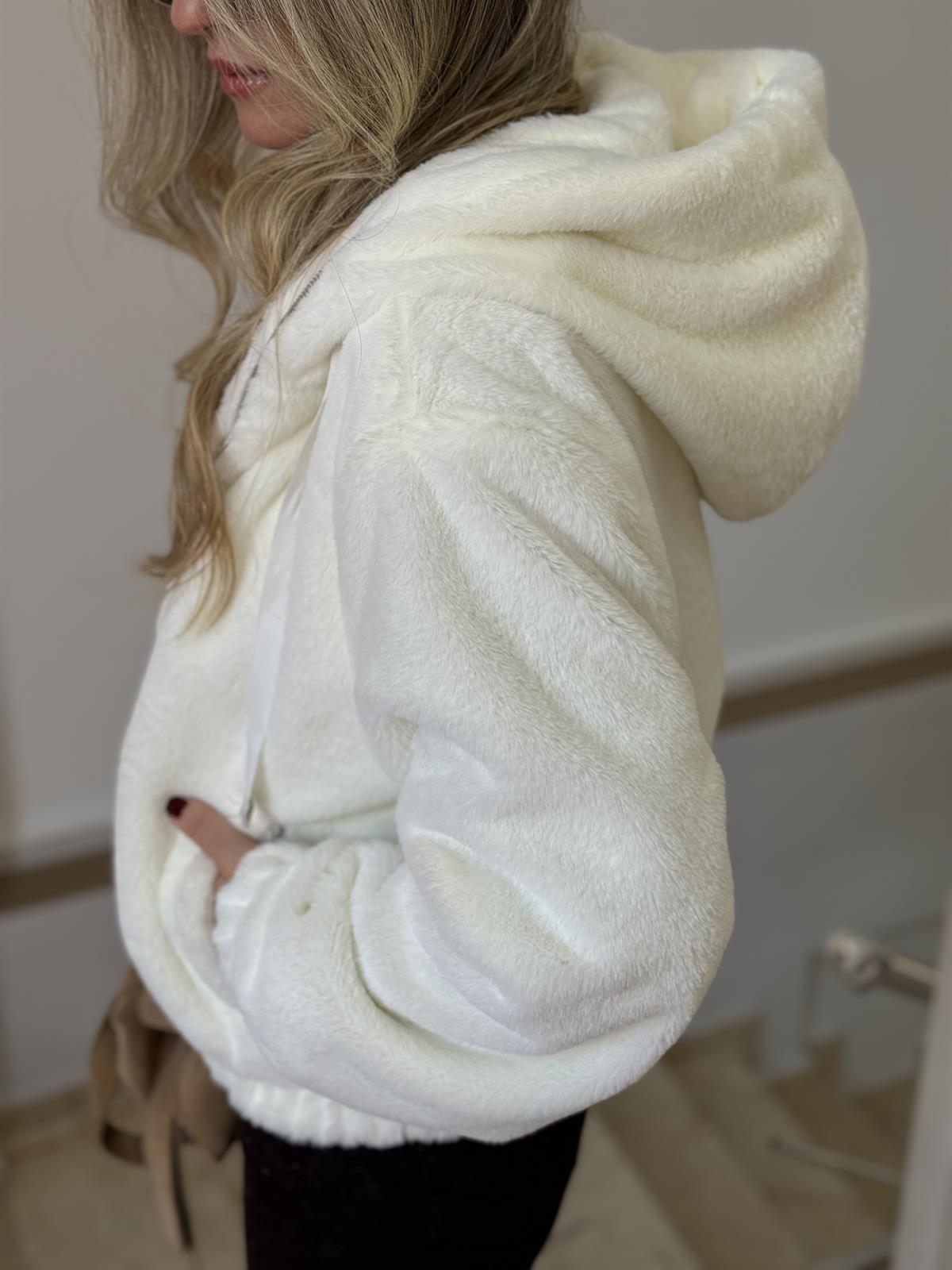 Kapüşonlu Peluş Kürk - Ekru 