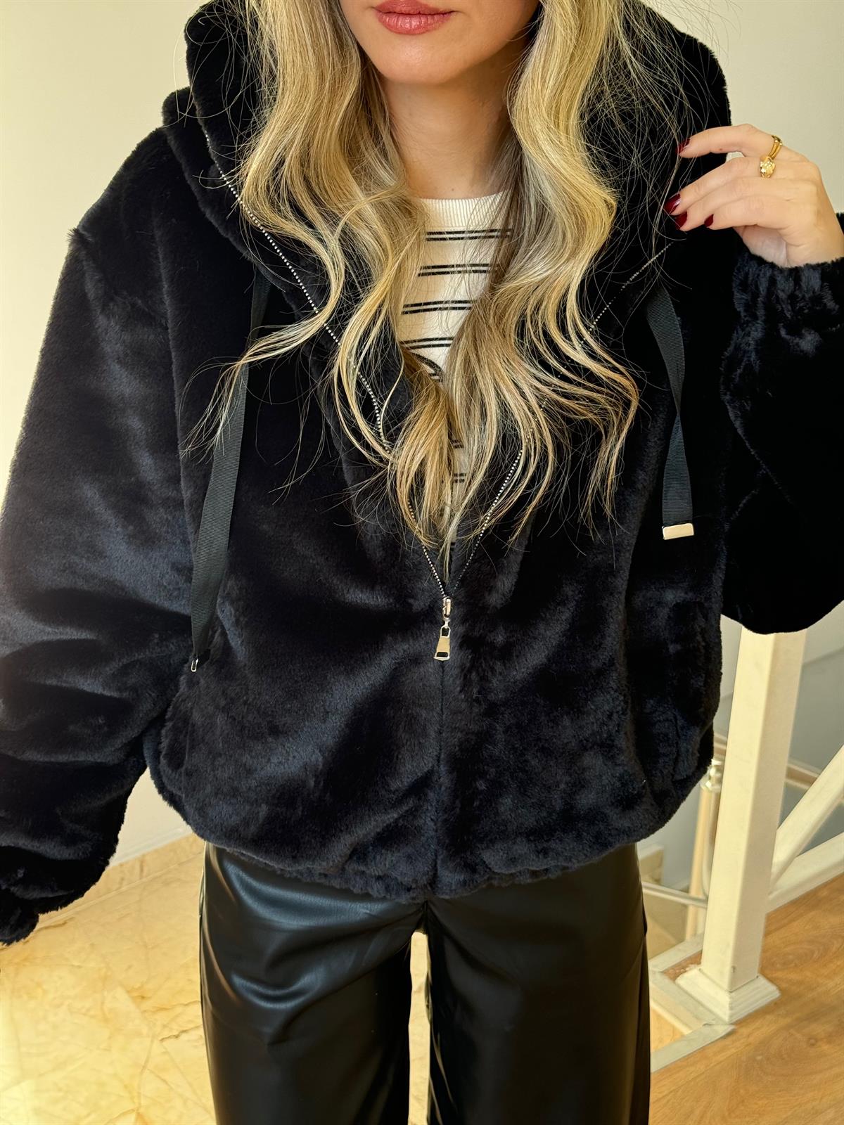 Kapüşonlu Peluş Kürk - Siyah 