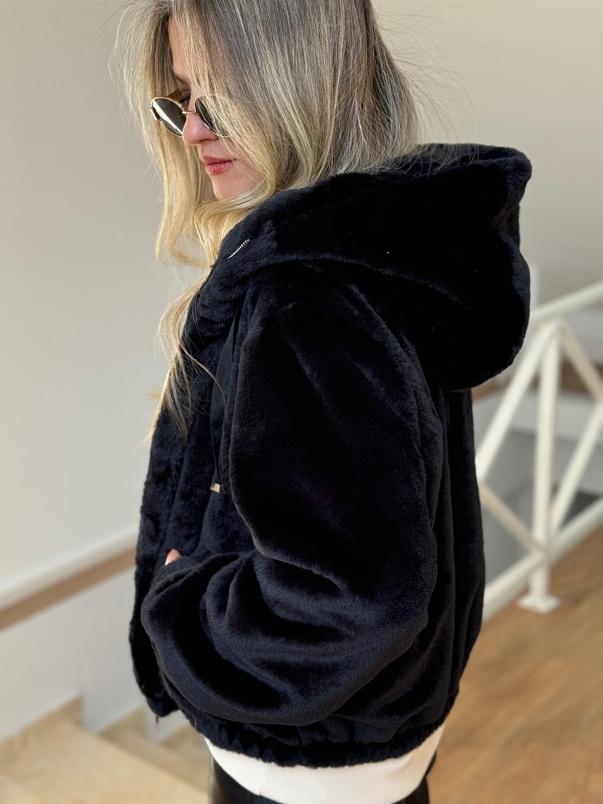 Kapüşonlu Peluş Kürk - Siyah 