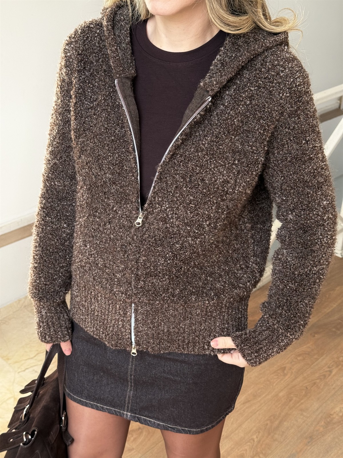 Kapüşonlu Yumoş Triko Hırka - Kahverengi