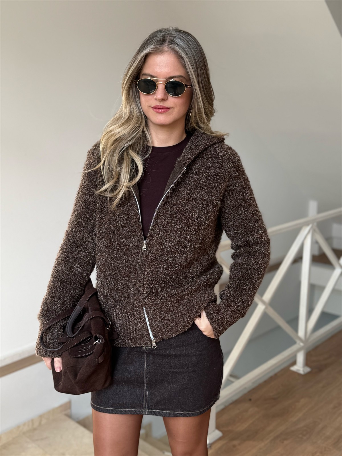 Kapüşonlu Yumoş Triko Hırka - Kahverengi