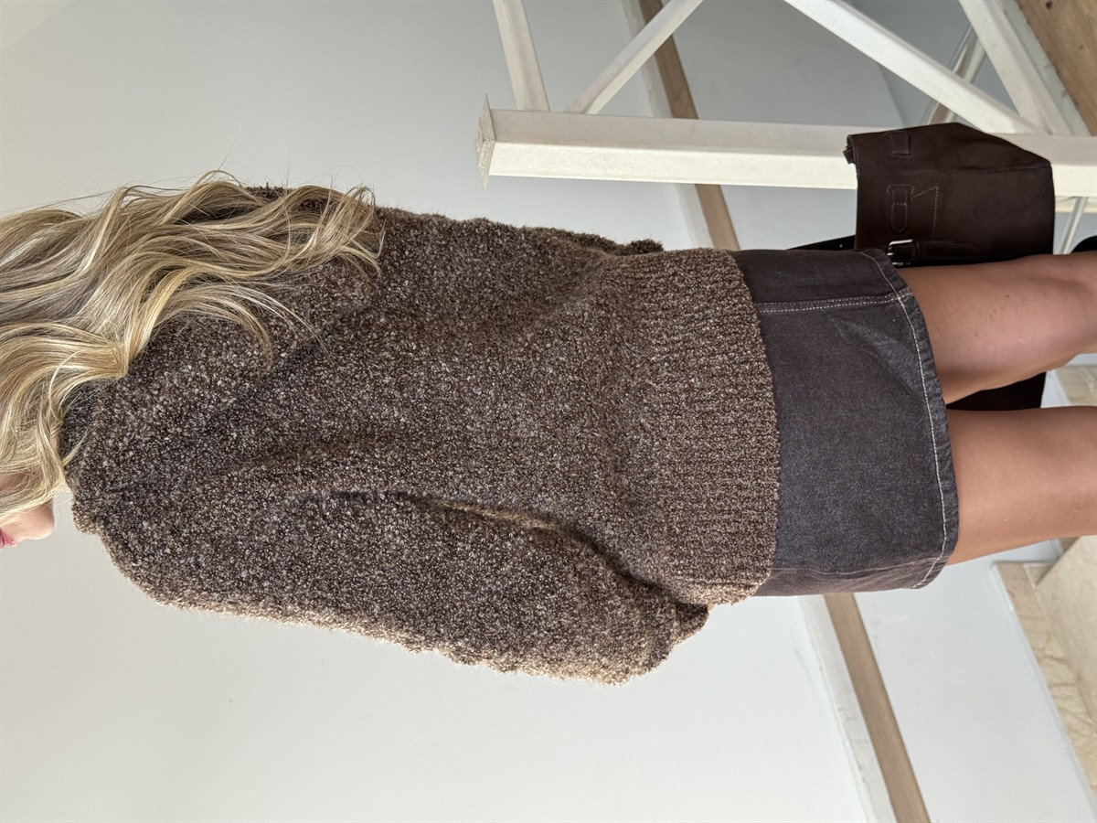 Kapüşonlu Yumoş Triko Hırka - Kahverengi