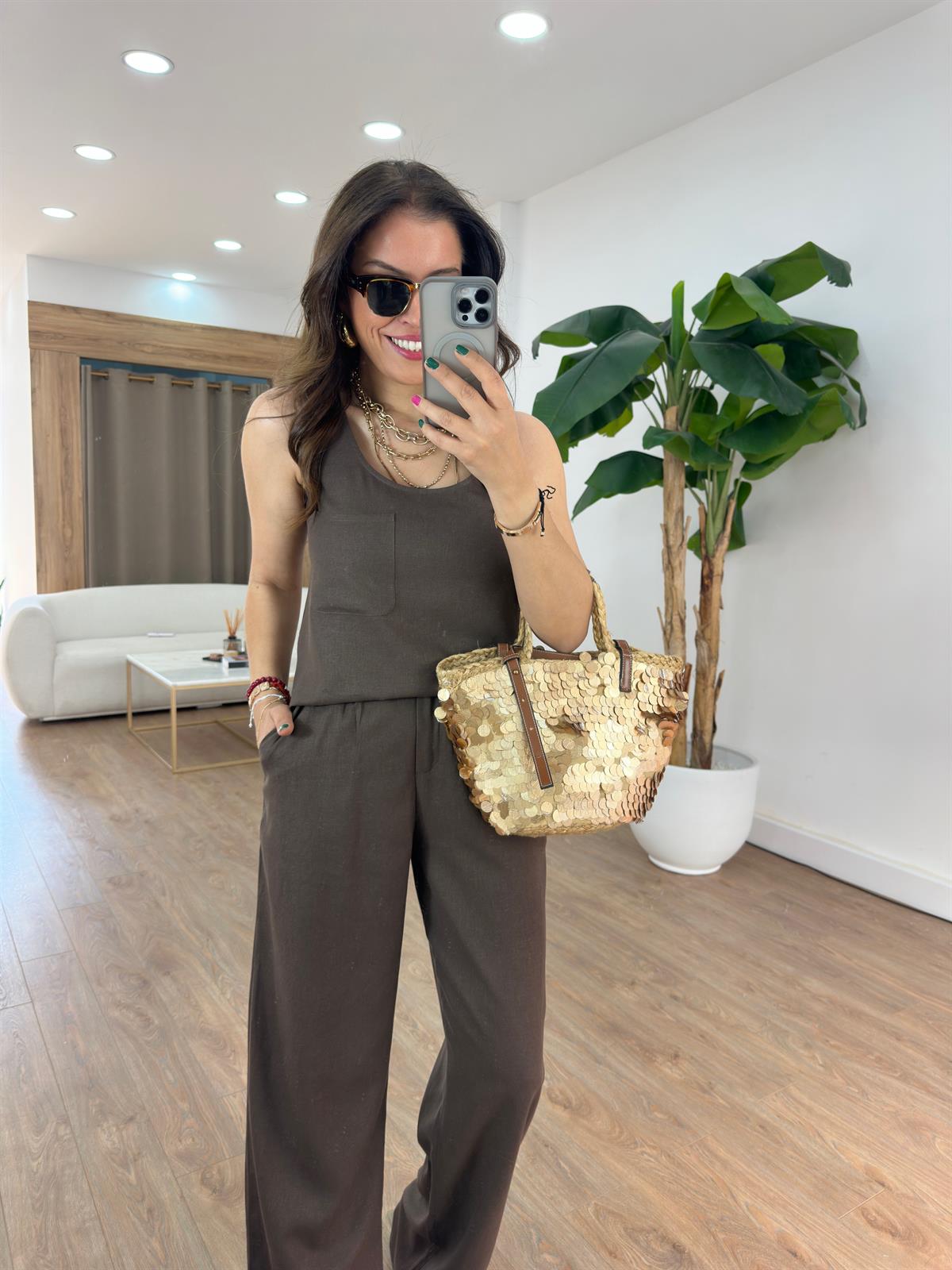 Kare Yaka Keten Pantolon Bluz Takım - Kahverengi