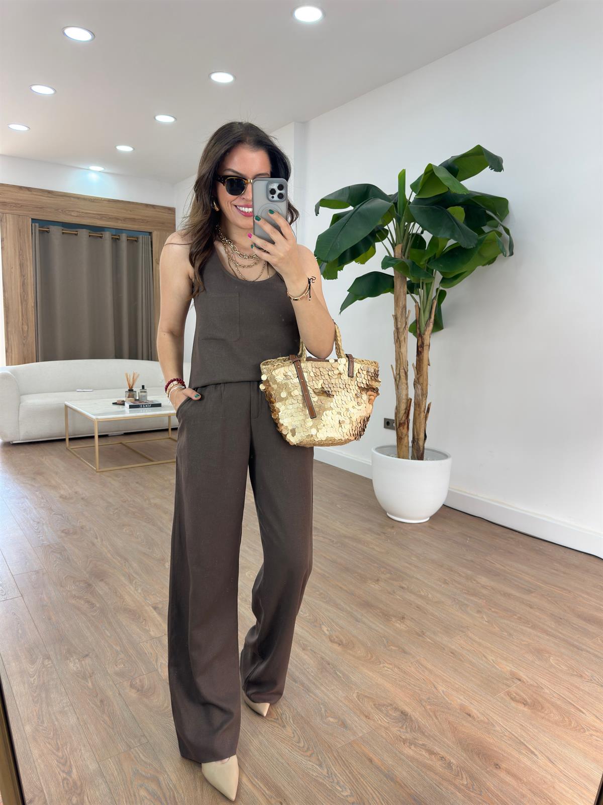 Kare Yaka Keten Pantolon Bluz Takım - Kahverengi