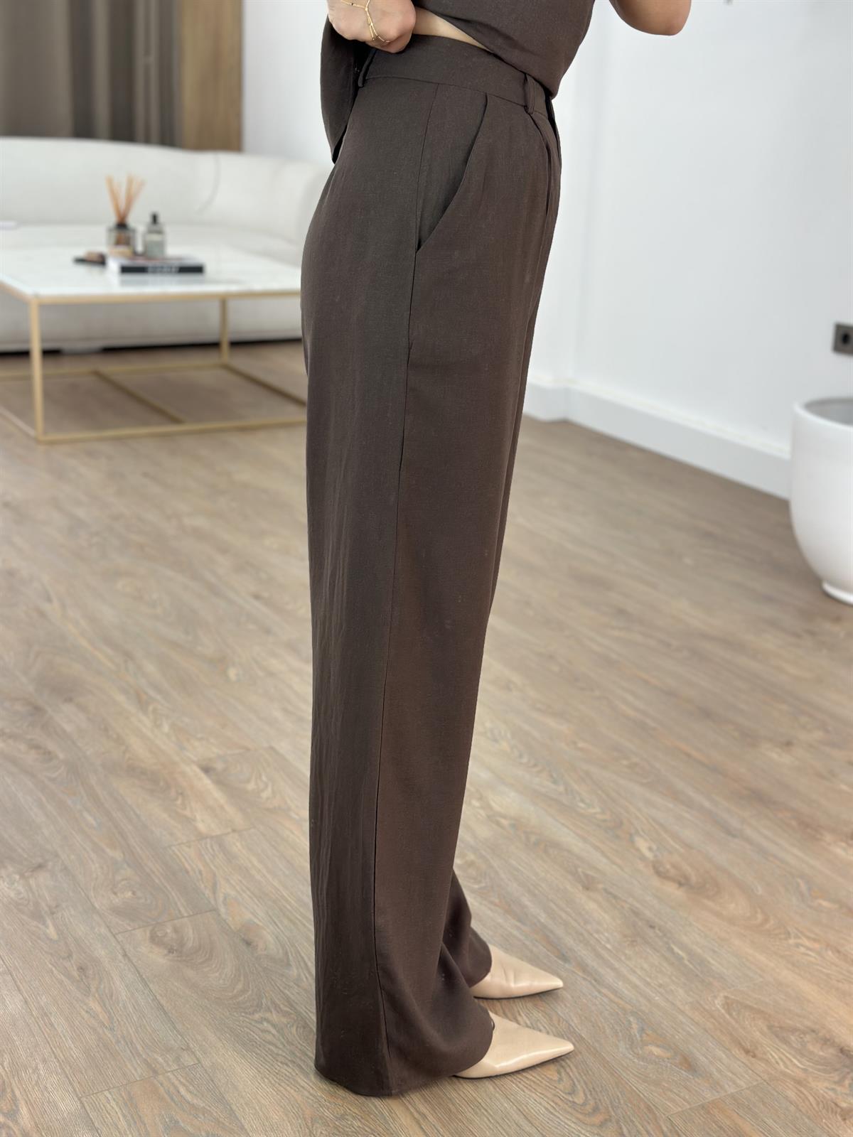 Kare Yaka Keten Pantolon Bluz Takım - Kahverengi