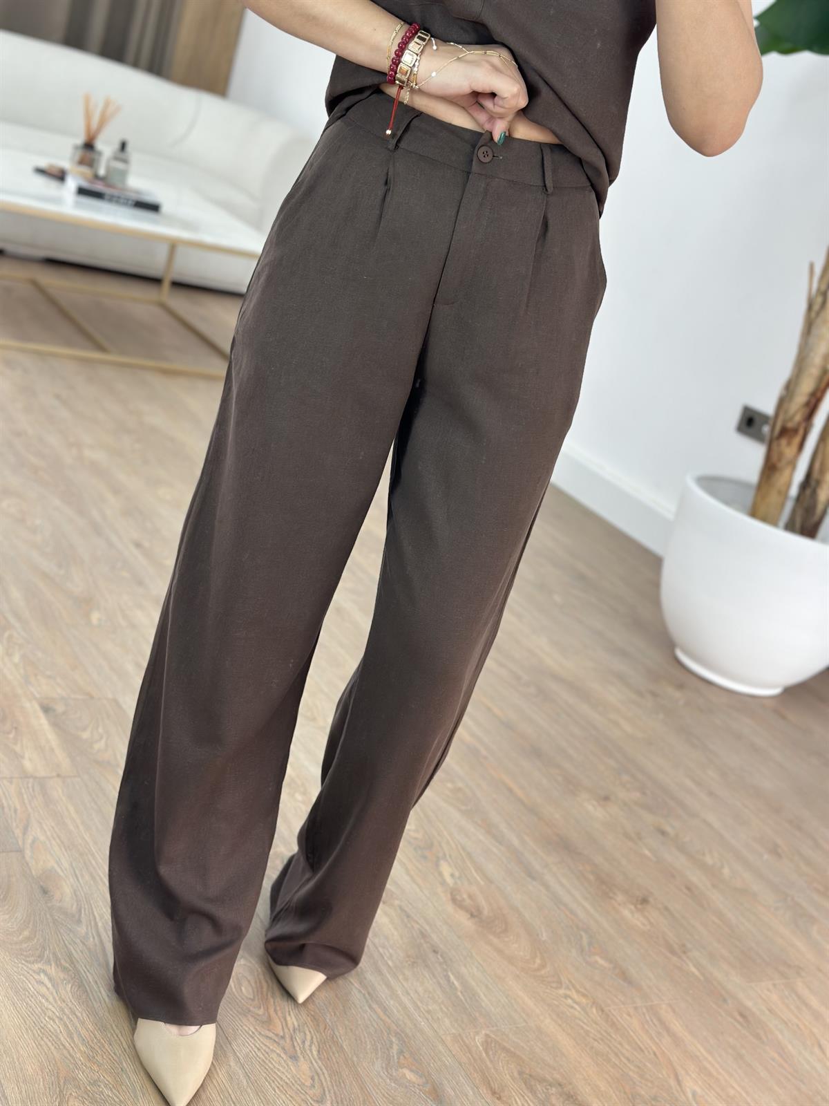 Kare Yaka Keten Pantolon Bluz Takım - Kahverengi