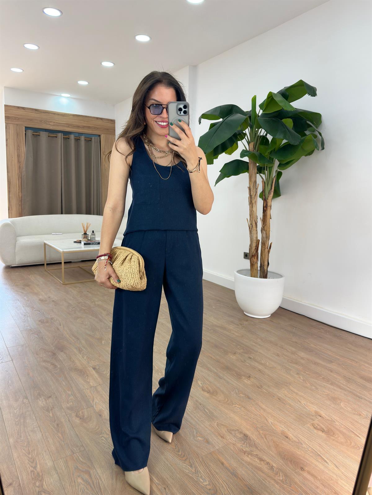 Kare Yaka Keten Pantolon Bluz Takım - Lacivert