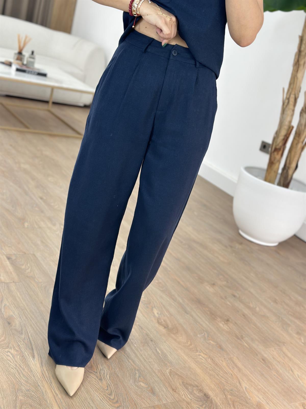 Kare Yaka Keten Pantolon Bluz Takım - Lacivert