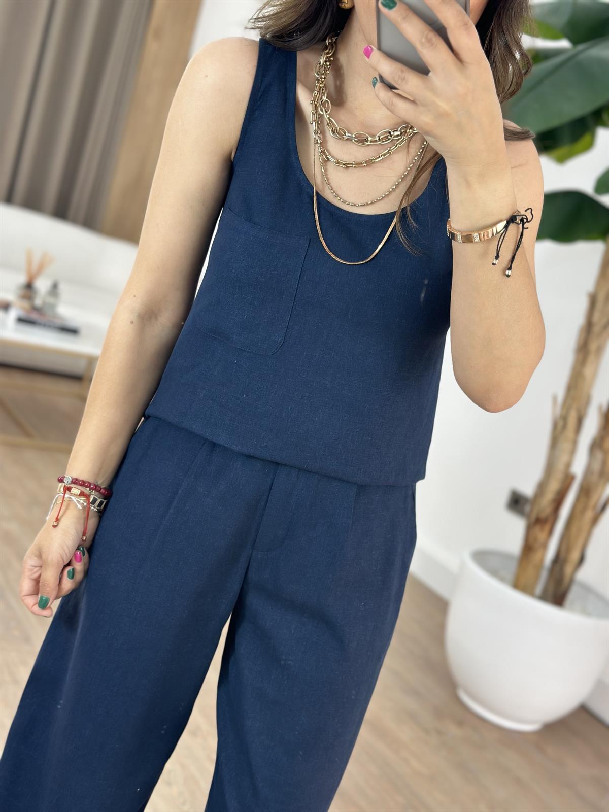 Kare Yaka Keten Pantolon Bluz Takım - Lacivert