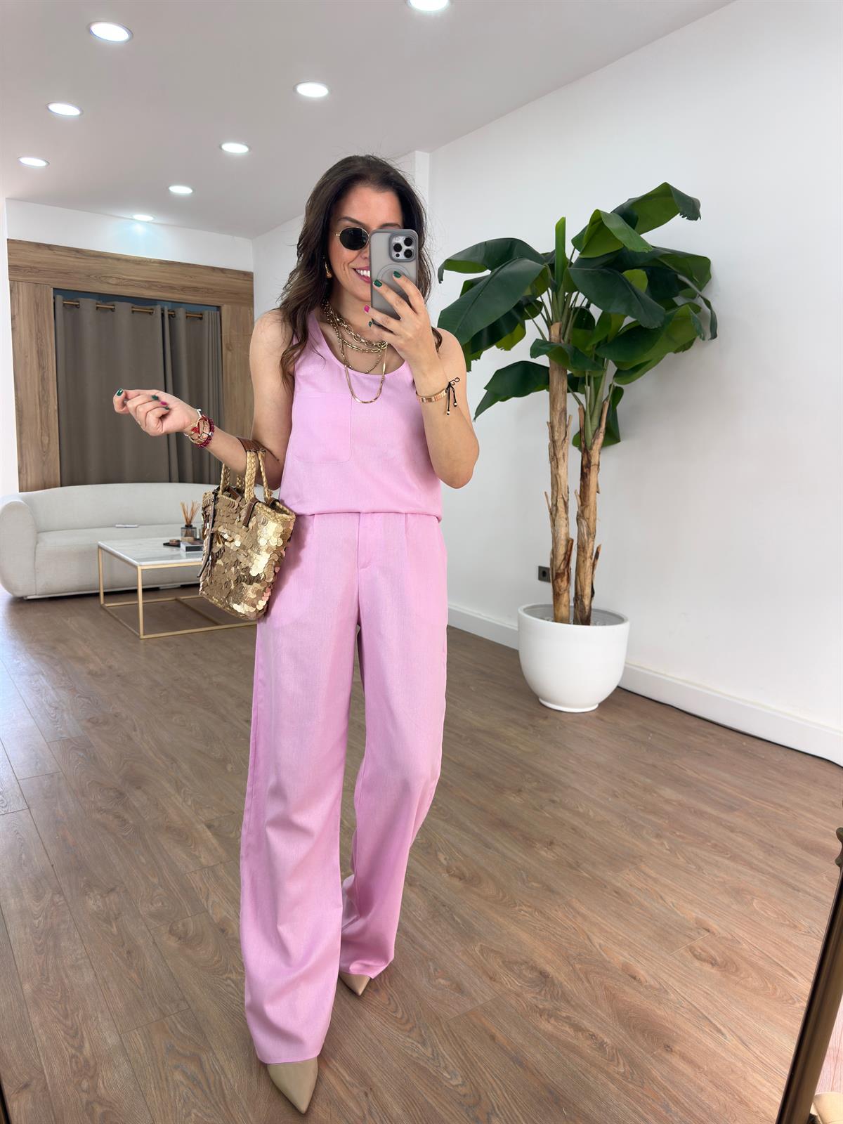 Kare Yaka Keten Pantolon Bluz Takım - Pembe