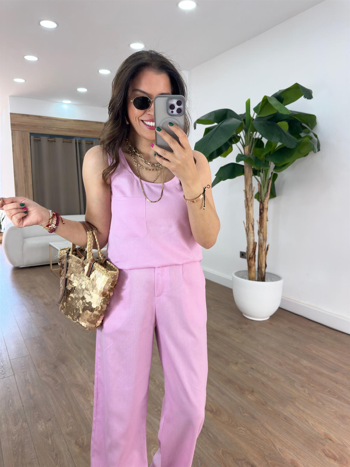 Kare Yaka Keten Pantolon Bluz Takım - Pembe