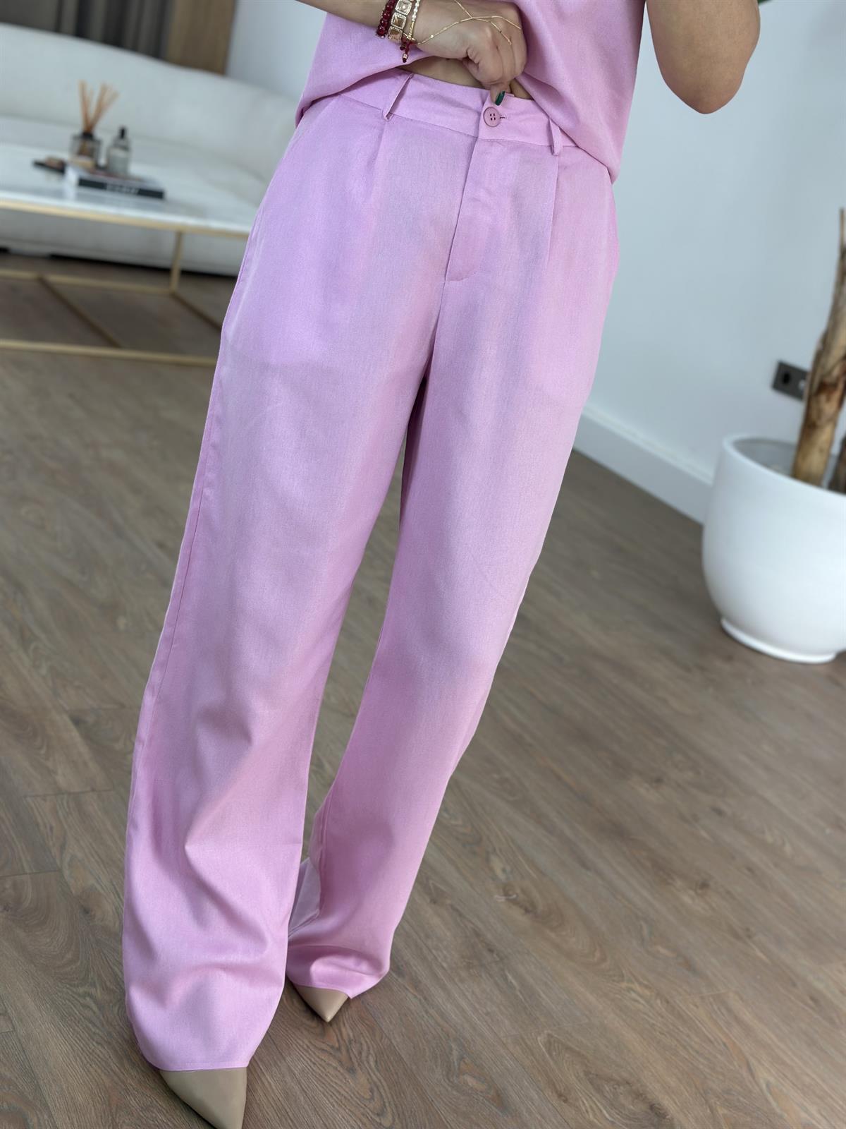 Kare Yaka Keten Pantolon Bluz Takım - Pembe