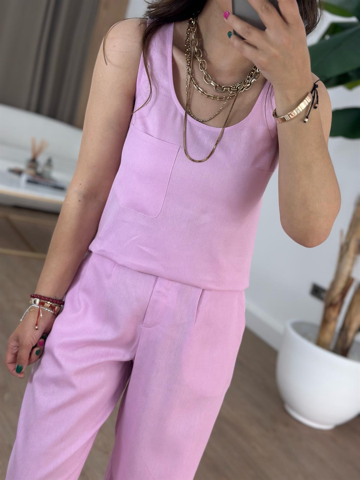 Kare Yaka Keten Pantolon Bluz Takım - Pembe