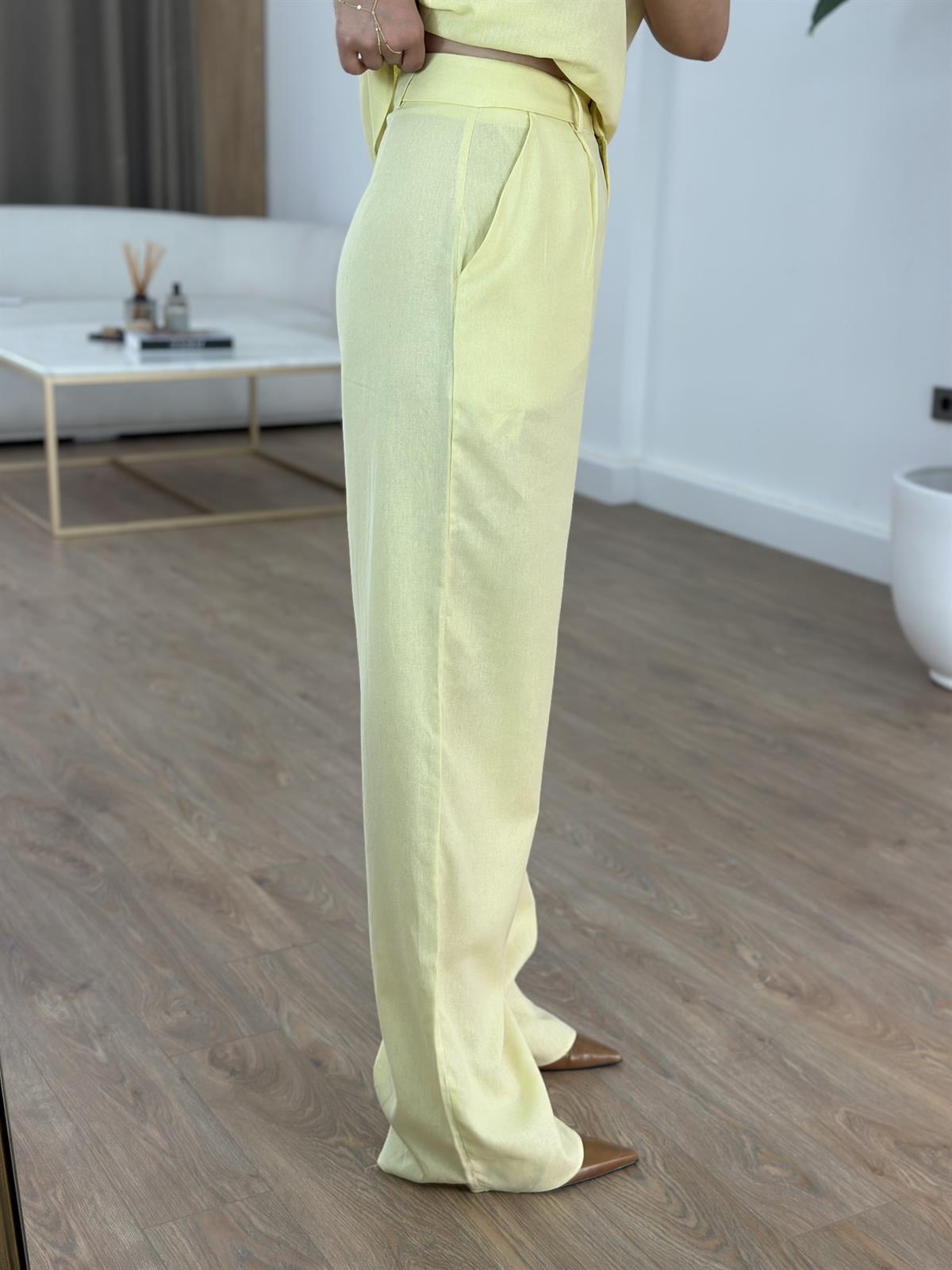 Kare Yaka Keten Pantolon Bluz Takım - Sarı