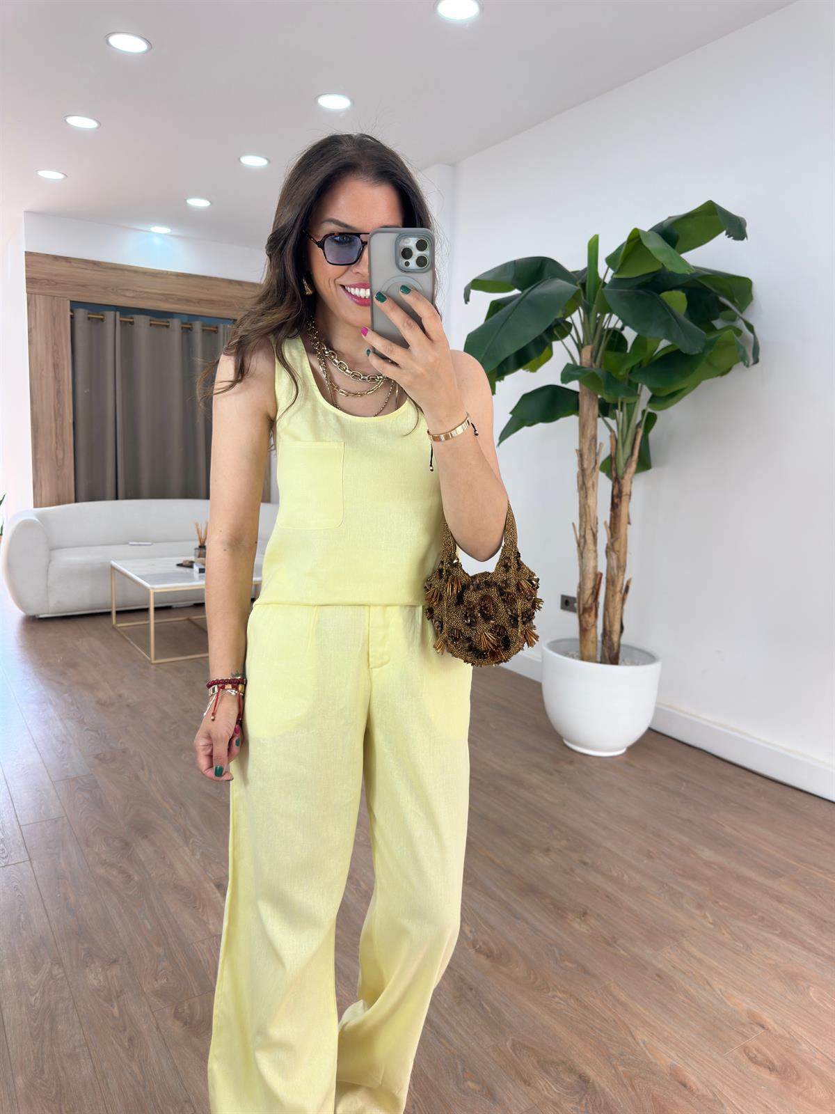 Kare Yaka Keten Pantolon Bluz Takım - Sarı