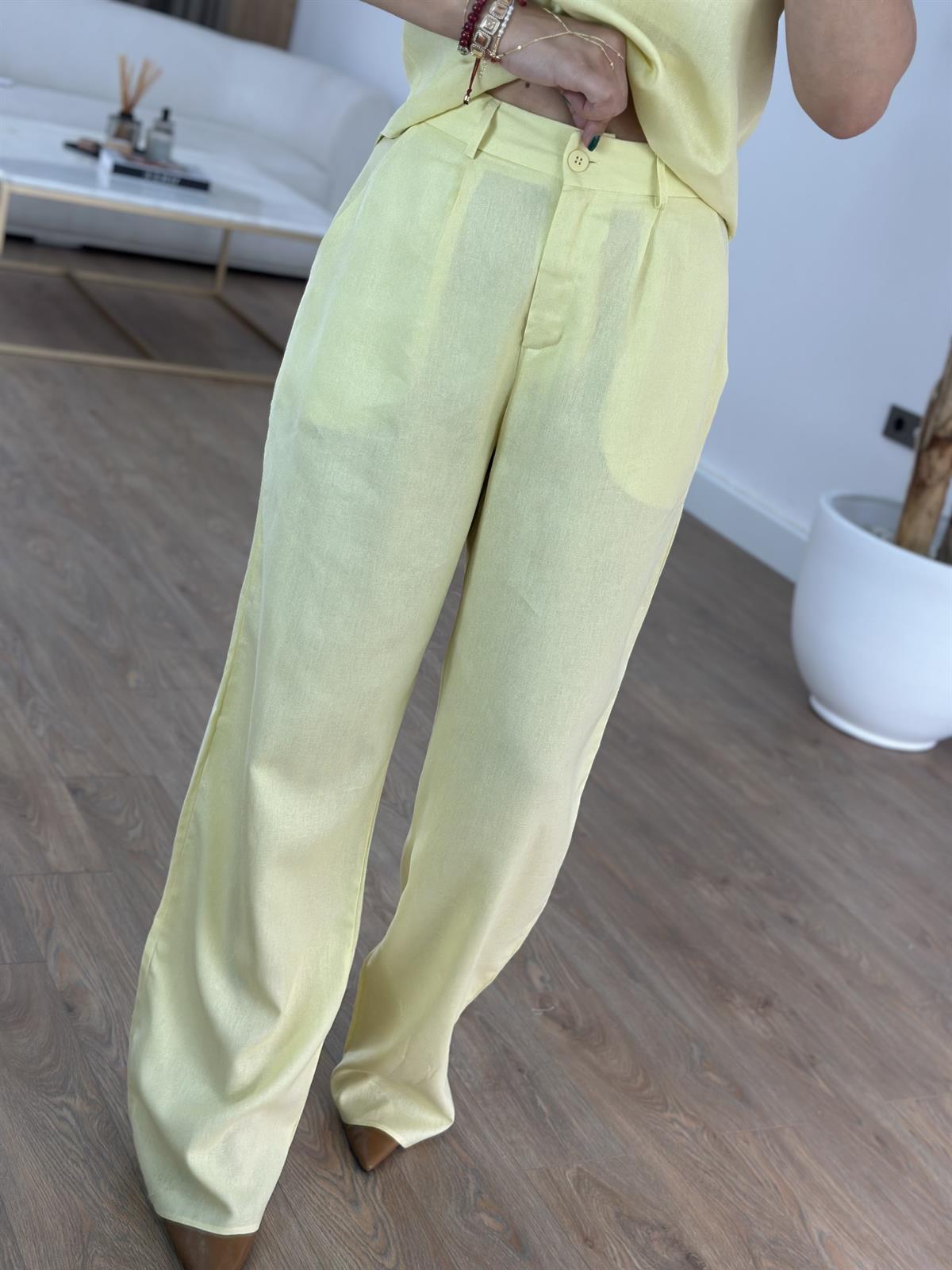 Kare Yaka Keten Pantolon Bluz Takım - Sarı