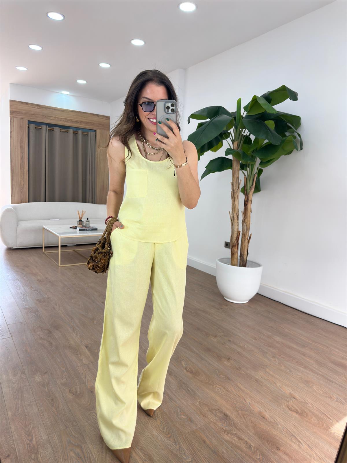 Kare Yaka Keten Pantolon Bluz Takım - Sarı