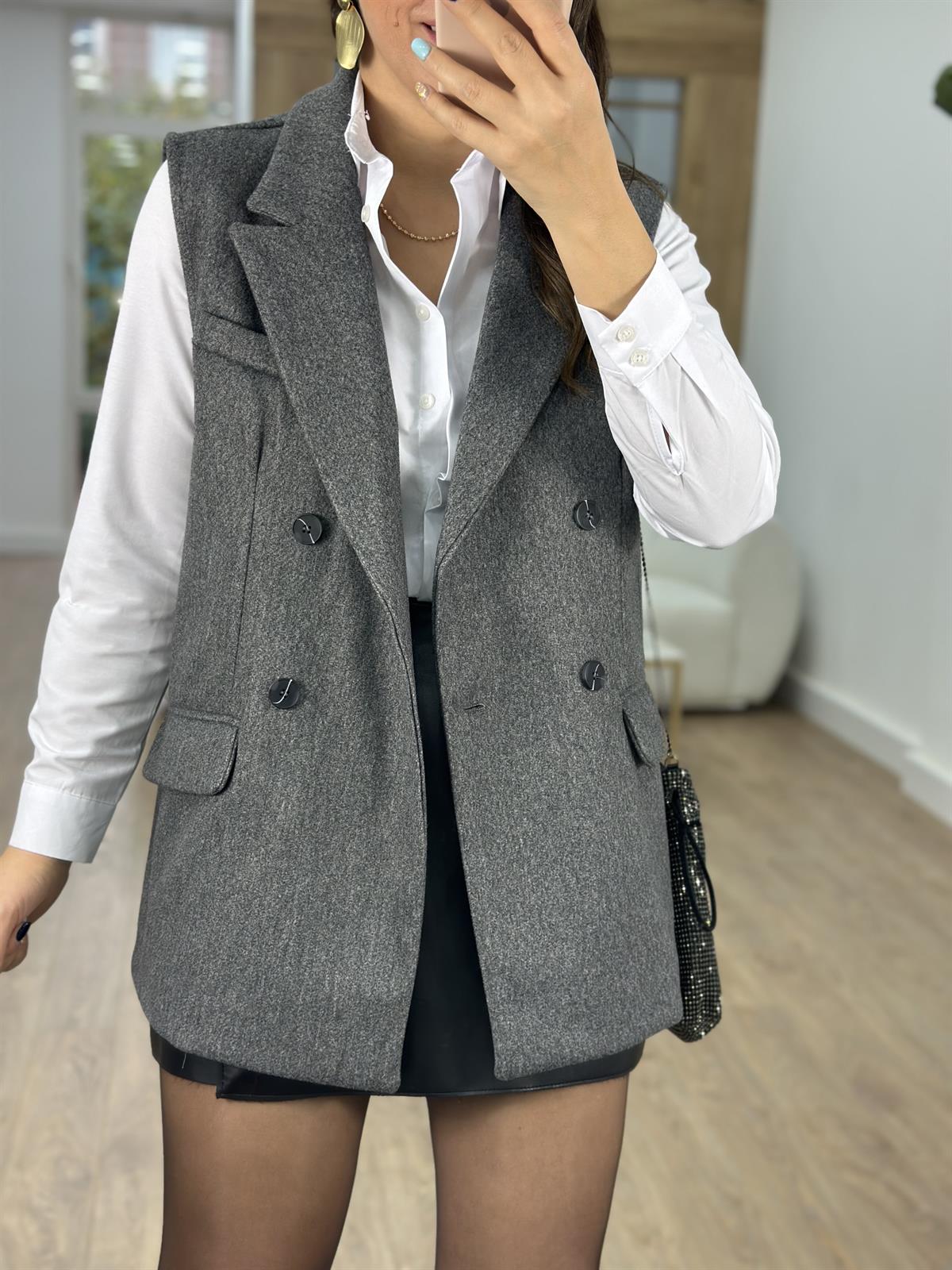 Kaşe Blazer Yelek-Gri