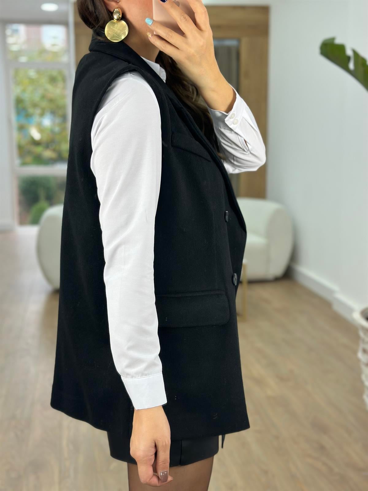 Kaşe Blazer Yelek-Siyah