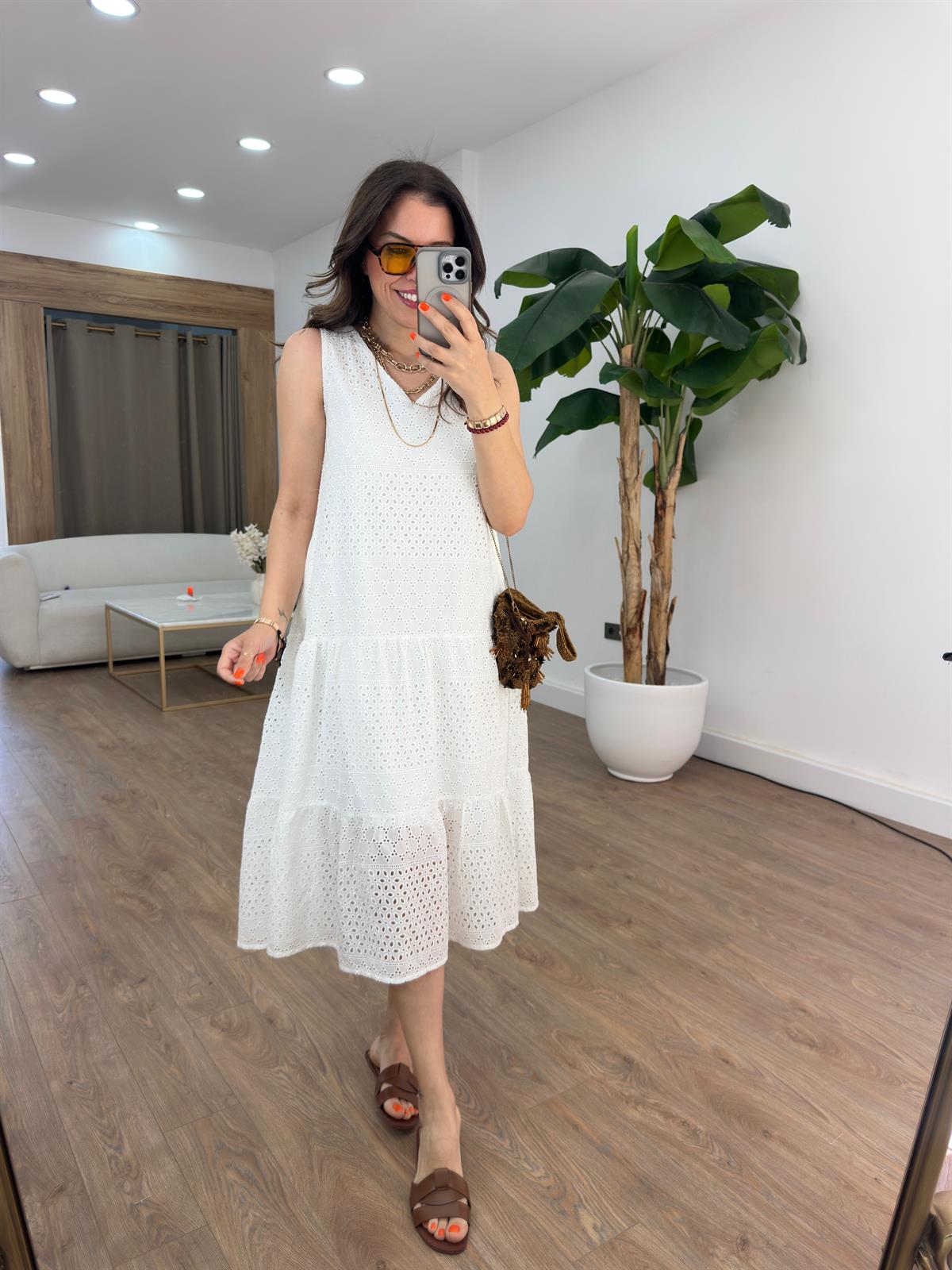 Katlı Fisto Midi Elbise - Beyaz