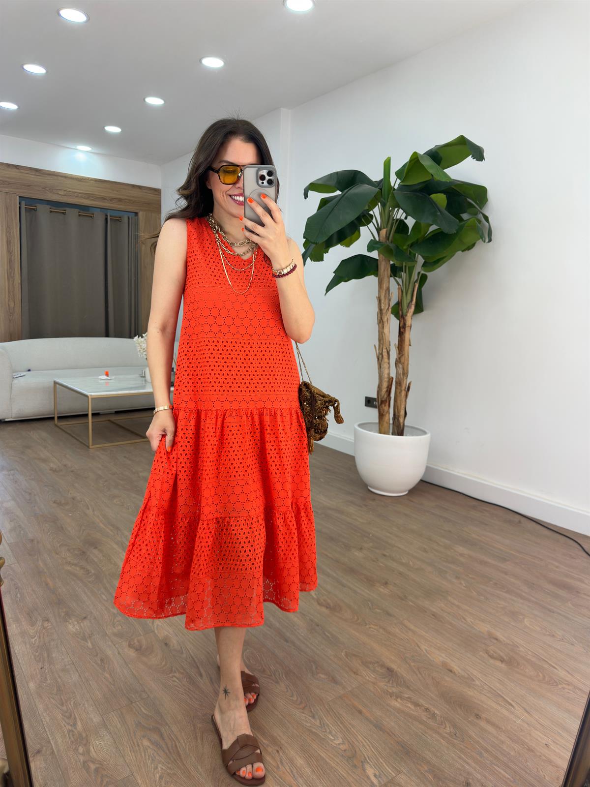 Katlı Fisto Midi Elbise - Nar Çiçeği