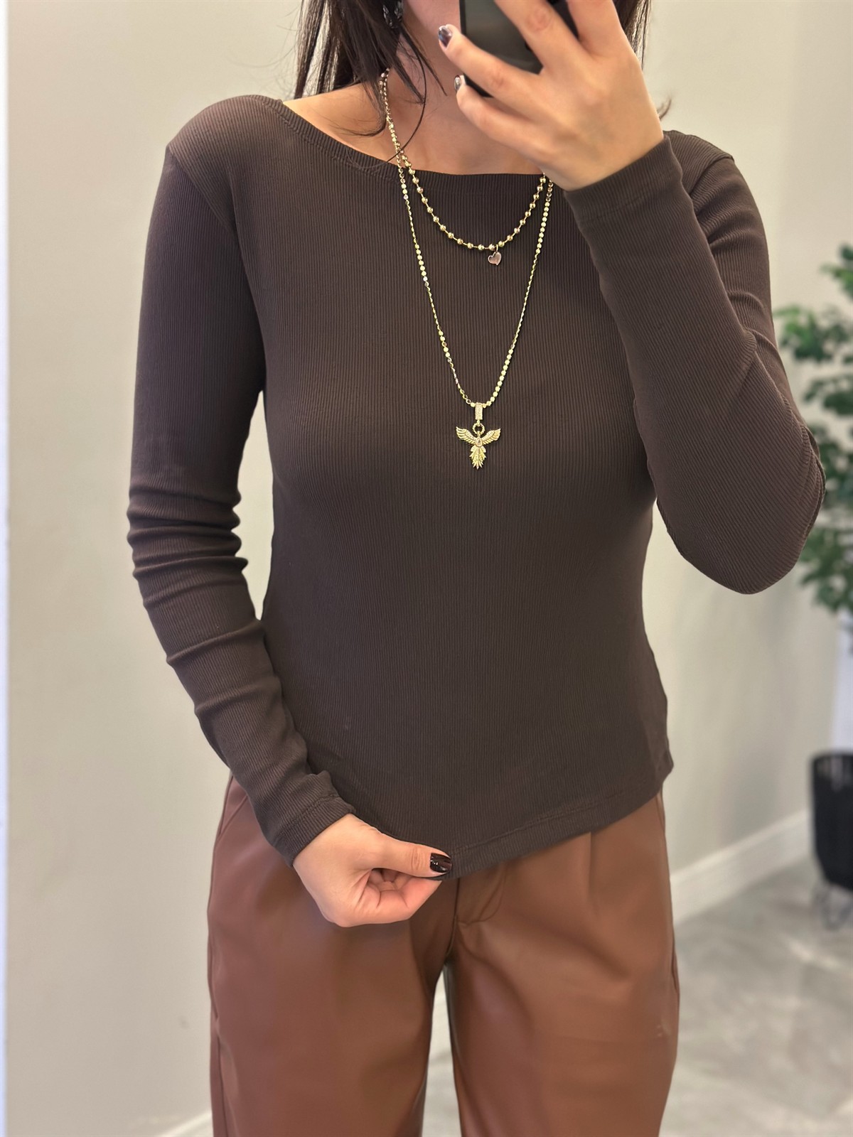 Kayık Yaka Fitili Bluz - Kahverengi