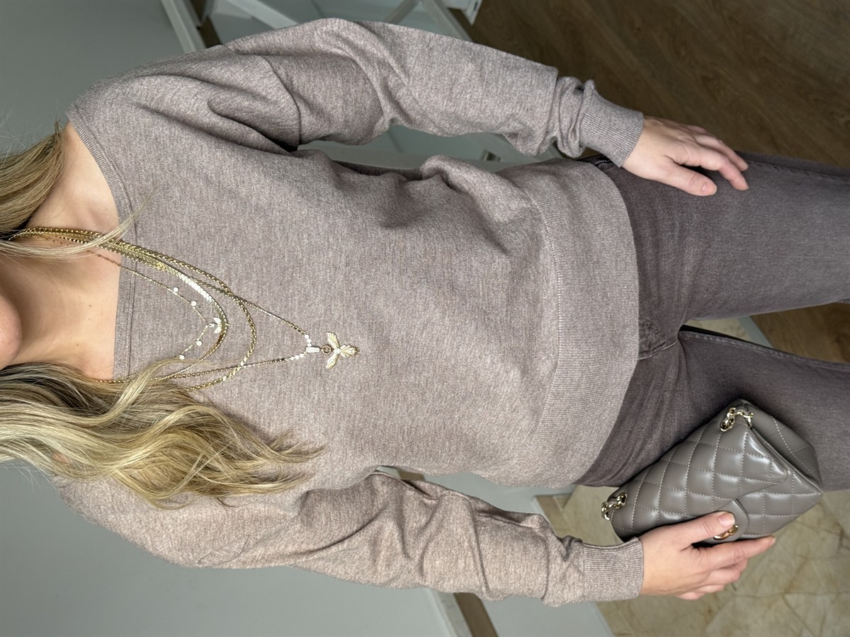 Kayık Yaka İnce Triko Kazak - Bej