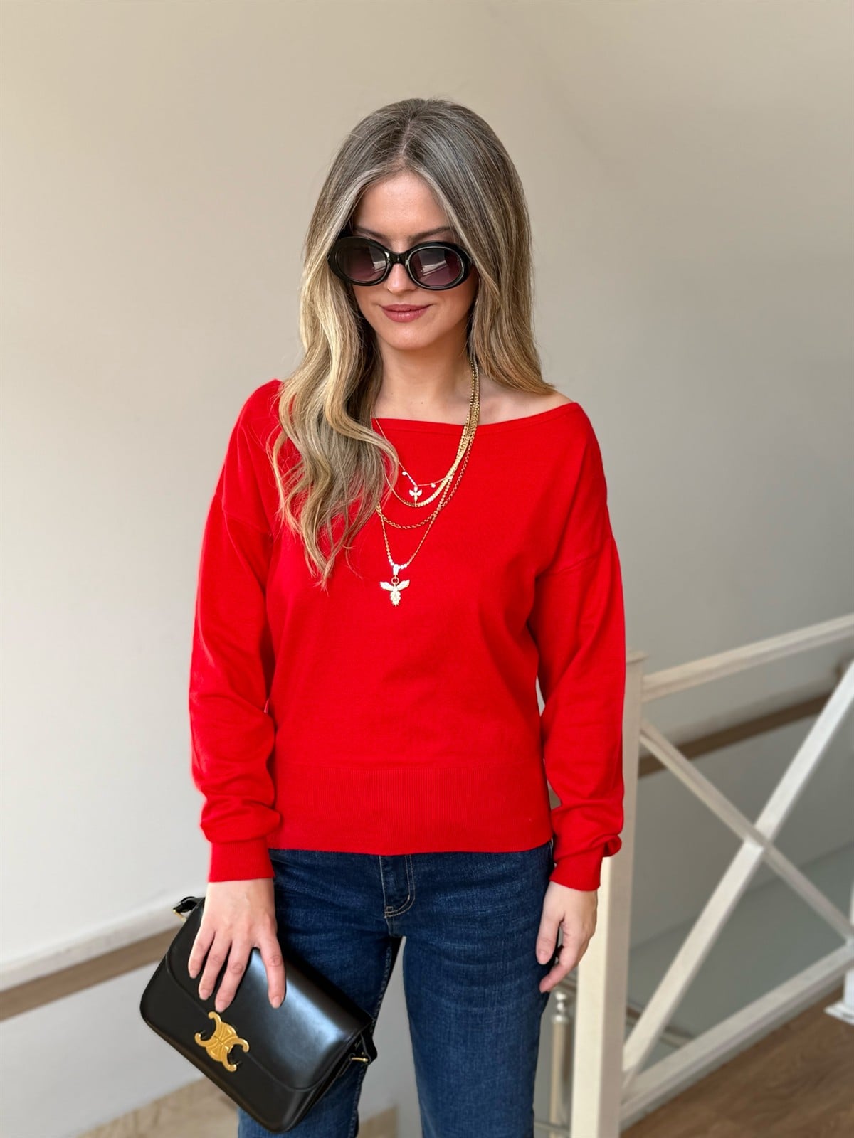 Kayık Yaka İnce Triko Kazak - Kırmızı