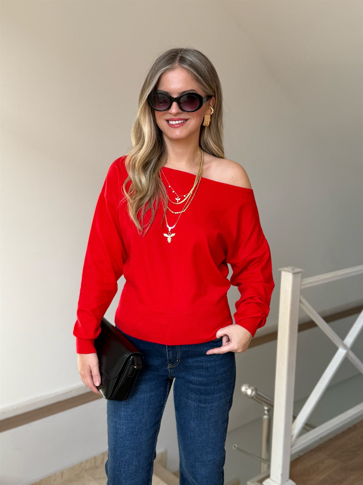 Kayık Yaka İnce Triko Kazak - Kırmızı