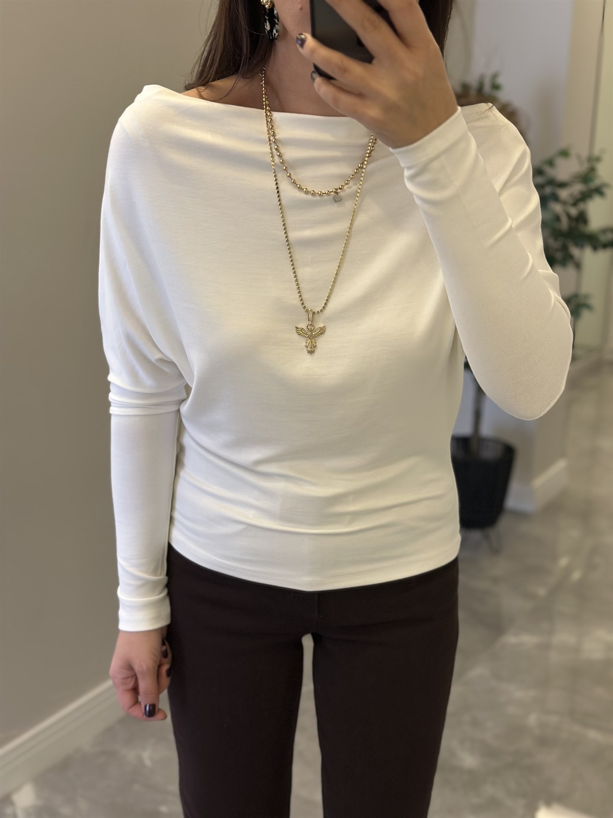 Kayık Yaka Modal Bluz - Ekru