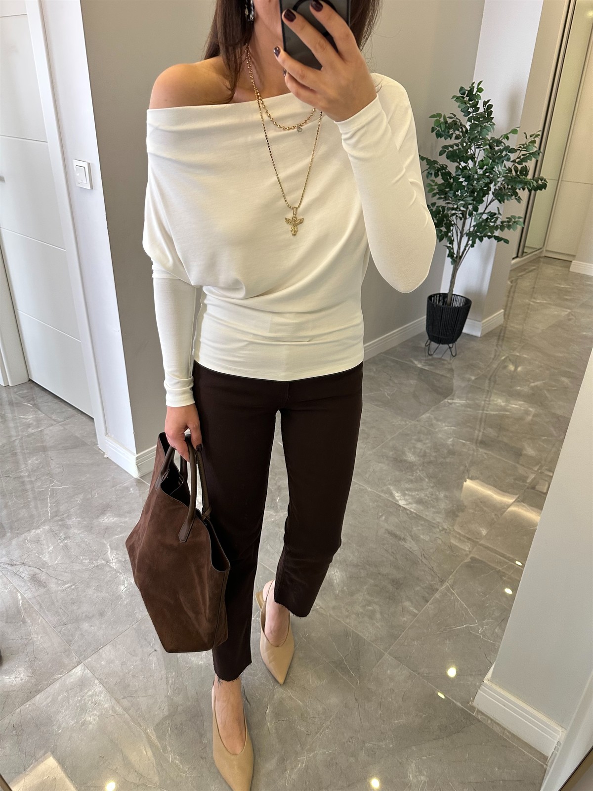 Kayık Yaka Modal Bluz - Ekru