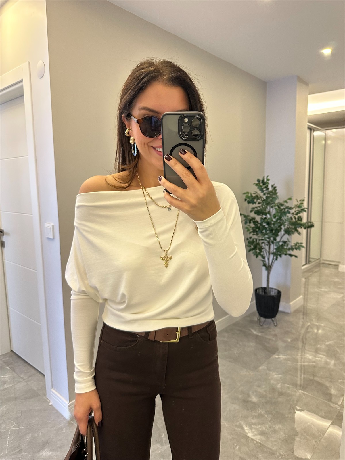 Kayık Yaka Modal Bluz - Ekru