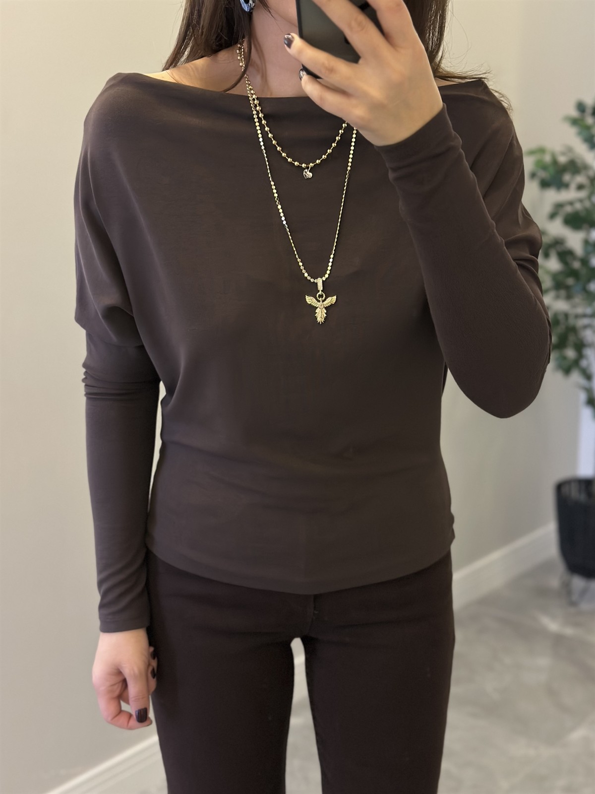 Kayık Yaka Modal Bluz - Kahverengi