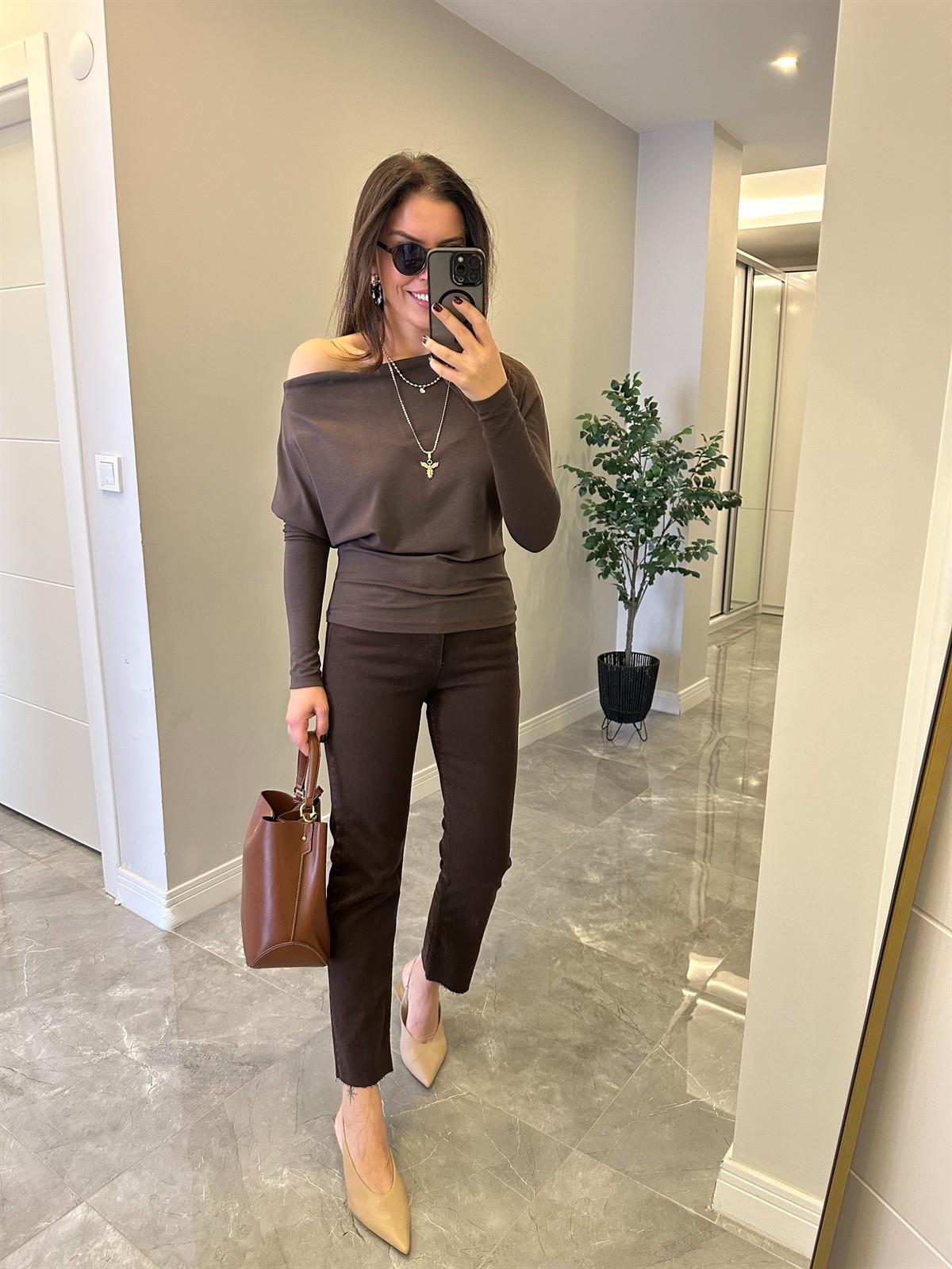 Kayık Yaka Modal Bluz - Kahverengi