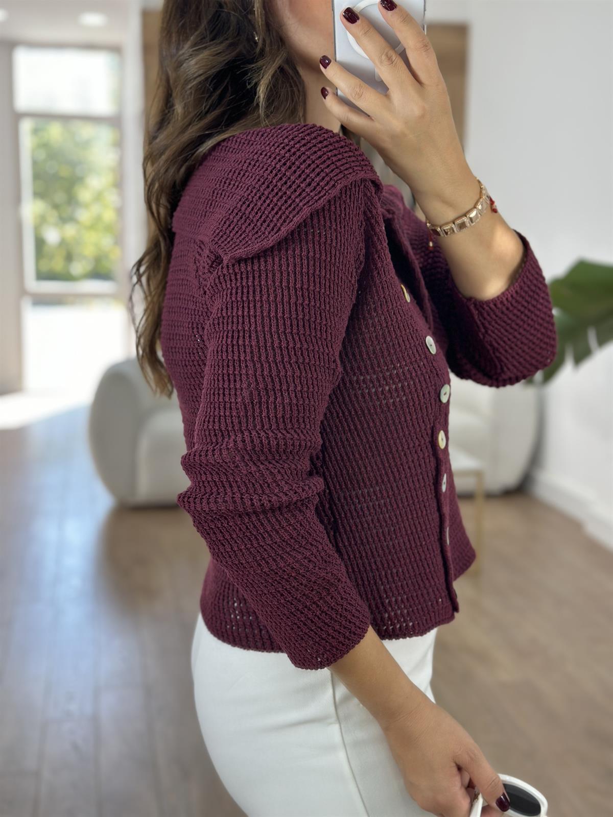 Kayık Yaka Önden Düğmeli Triko Bluz - Bordo